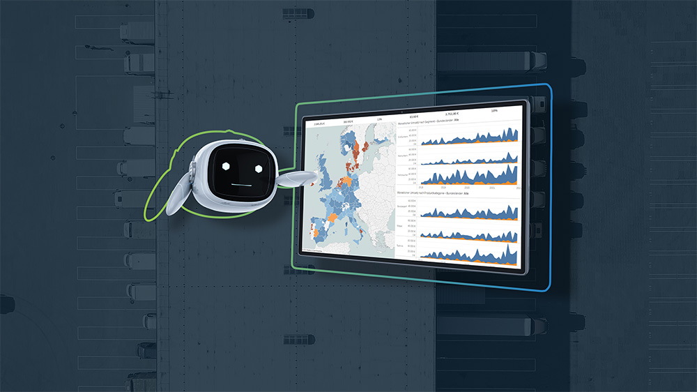 Beitragsbild zum Blogartikel "Anwendungsfälle des Digital Twin der Supply Chain": zeigt einen Bildschirm mit einem Dashboard eines Digitalen Zwillings mit Kennzahlen und Analysen zur Lieferkette