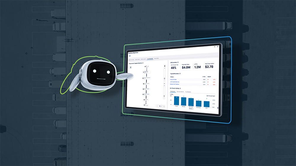 Beitragsbild zum Blogartikel "Mit Process-Mining-Apps die Beschaffung und das Bestandsmanagement optimieren": Zeigt Beispiel-Dashboard einer Celonis-App im Bereich Beschaffung sowie ein Logistikzentrum im Hintergrund.