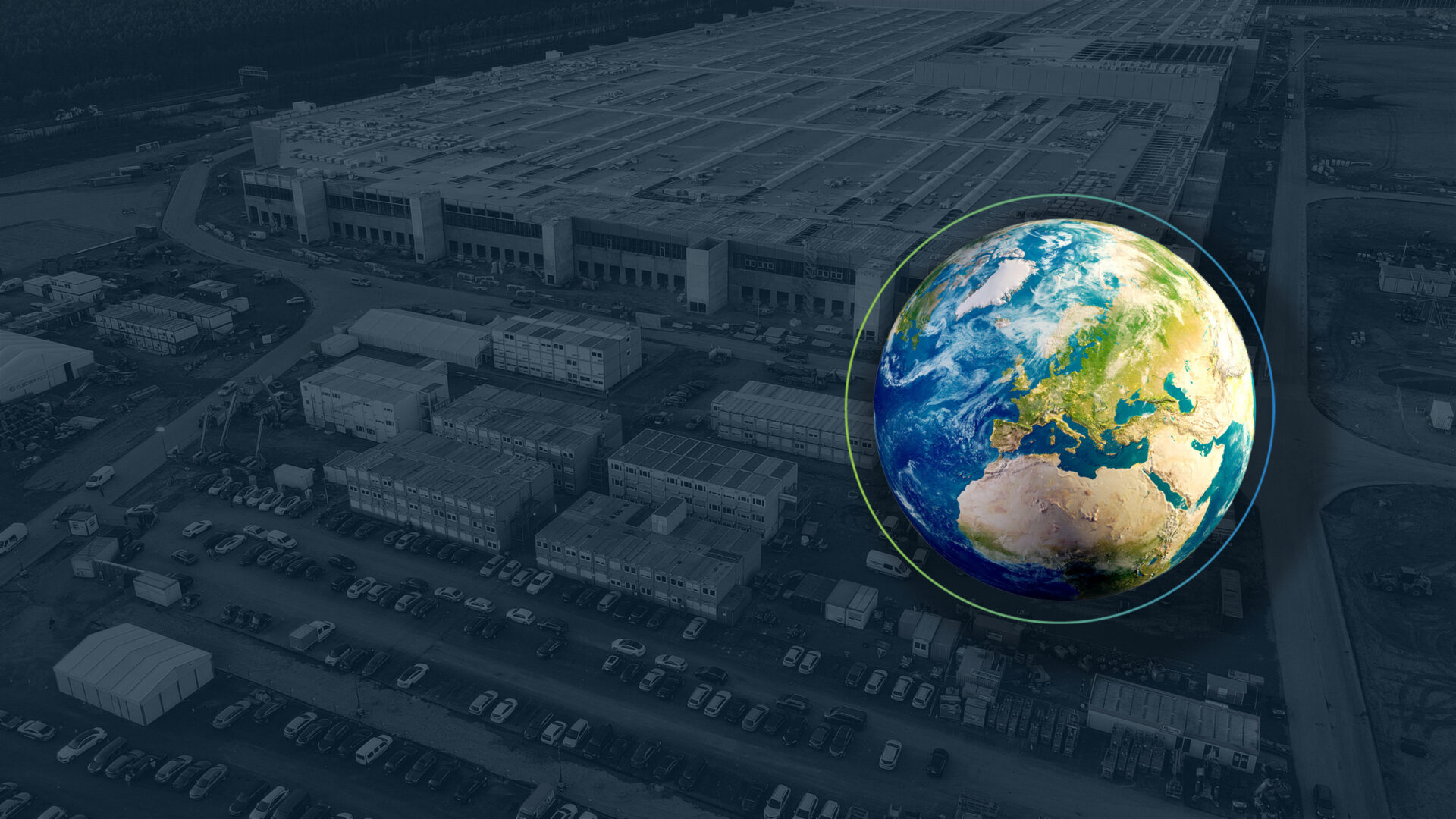 Headerbild zur Seite "Global Footprint", zeigt Weltkugel im Vordergrund und Supply Chain im Hintergrund