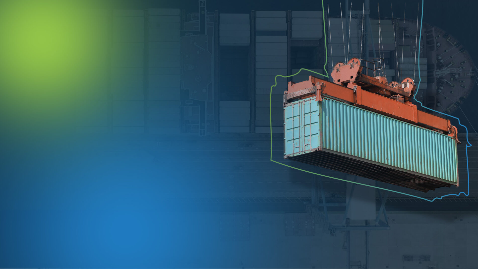 Headergrafik zur Kategorie "Supply Chain": Zeigt einen Containerkran im Vordergrund und ein Hafen mit Containerschiff von oben im Hintergrund