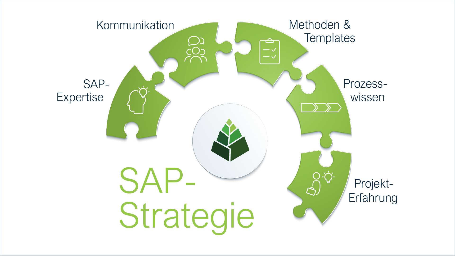 Infografik zum Framework der SAP-Strategie von Rothbaum: Zeigt 5 zentrale Bausteine der SAP-Strategie (SAP-Expertise, Kommunikation, Methoden & Templates, Prozesswissen und Projekt-Erfahrung)